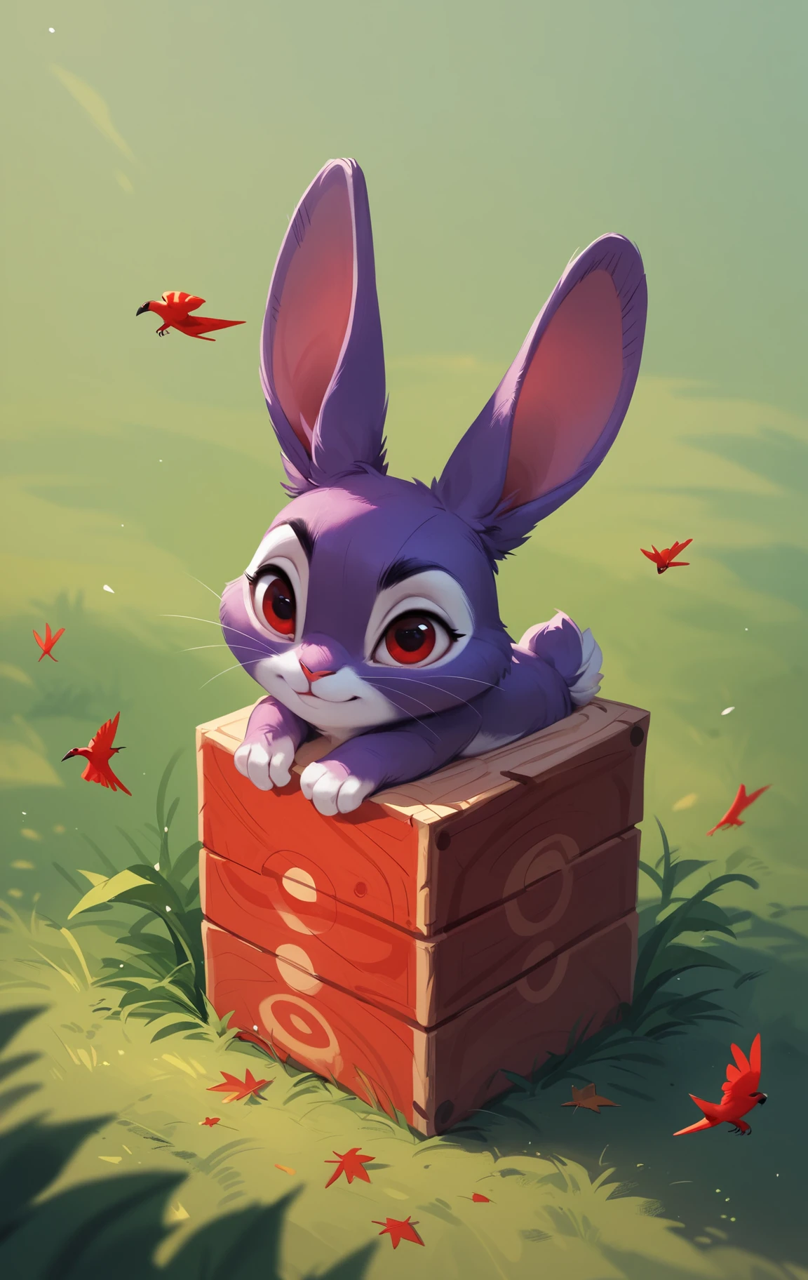 Purple rabbits emerging from fresh spring grass