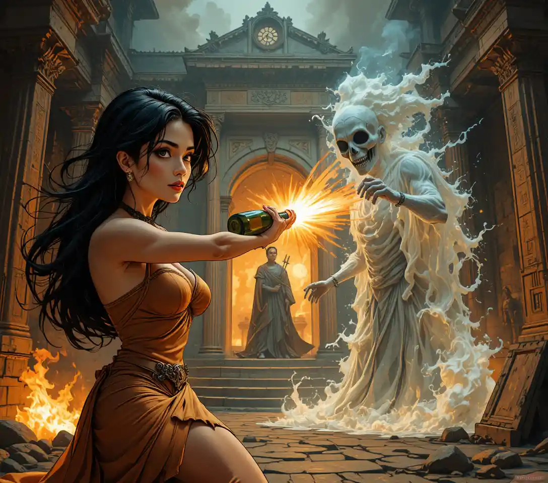 Warrior woman striking a spectral foe in burning temple