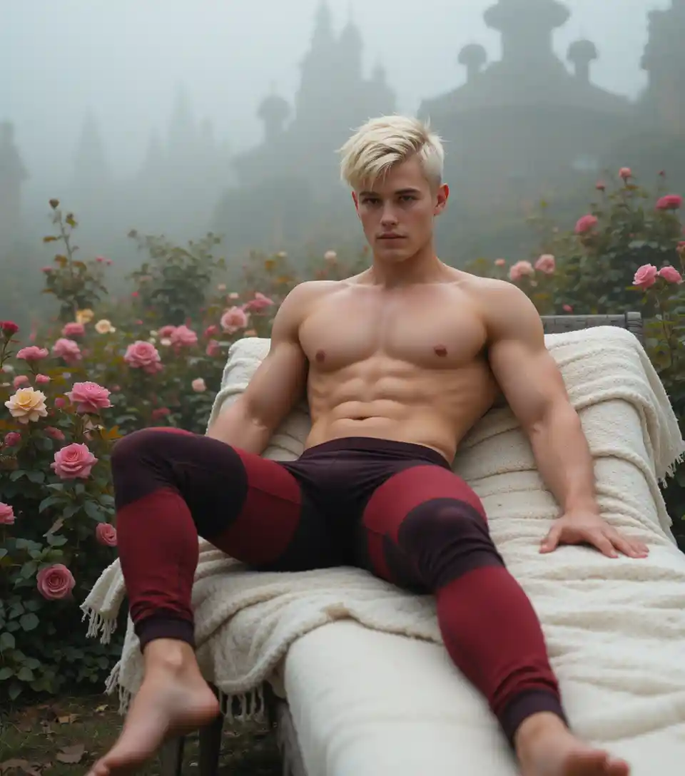 Blonde young man sunbathing on a lounger in foggy garden