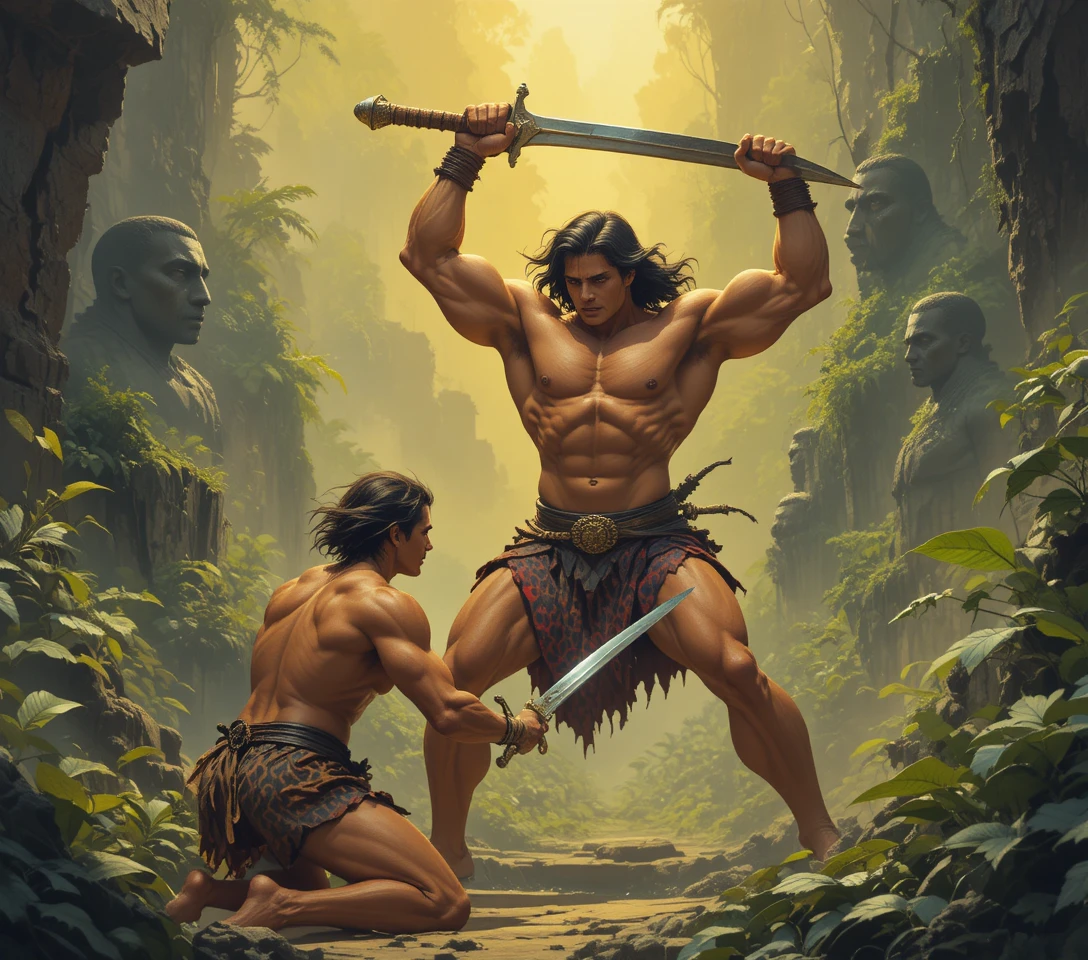 Guerreros heroicos chocan espadas en una selva primitiva