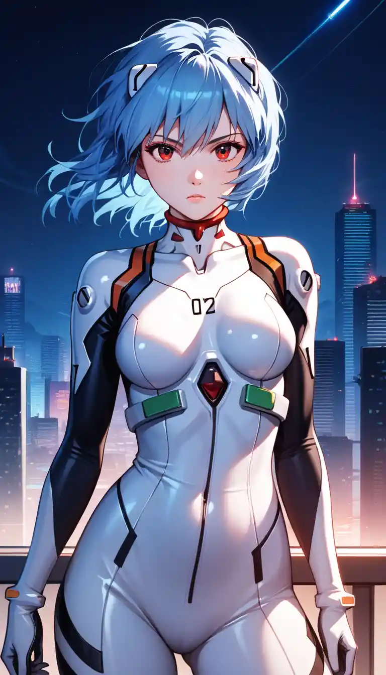 Anime-Mädchen im Plugsuit auf futuristischer Stadtdachterrasse bei Nacht