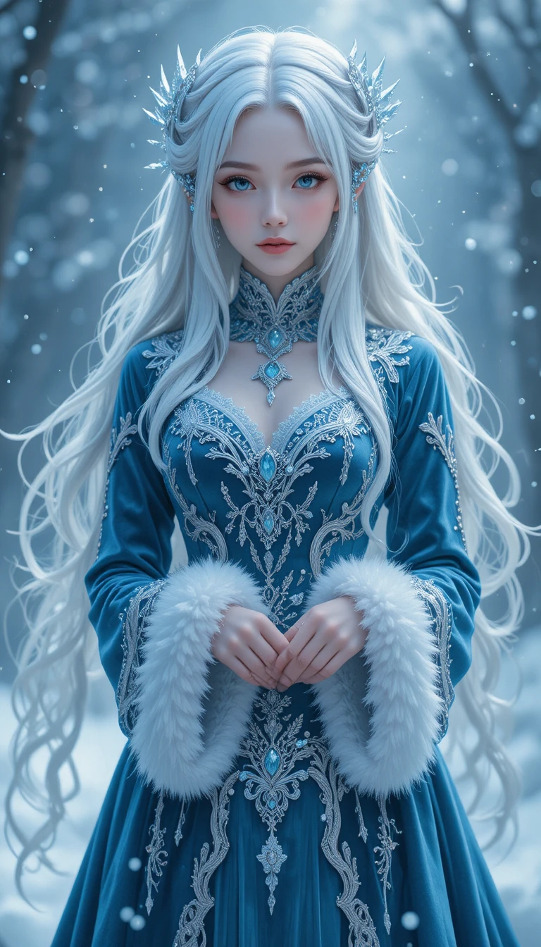 Regal anime winter enchantress in an icy blue coat