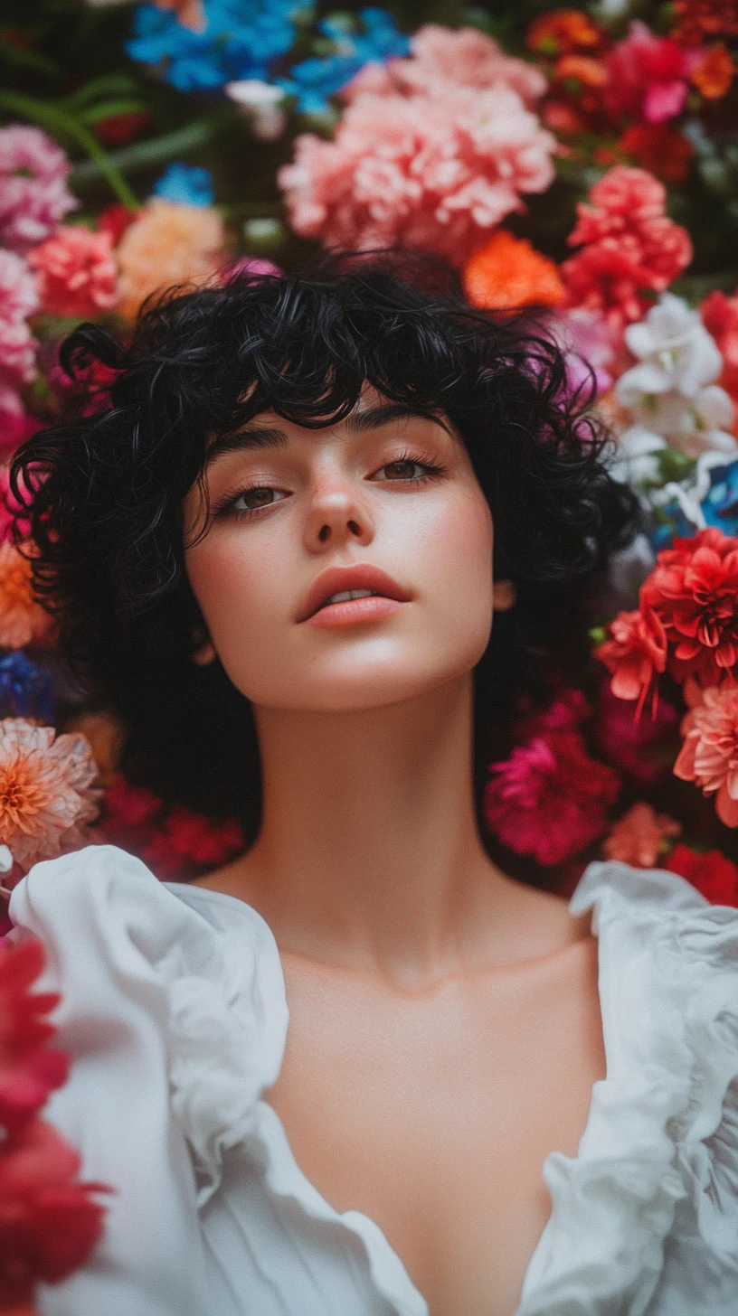 Woman in white blouse framed by vivid blooming flowers