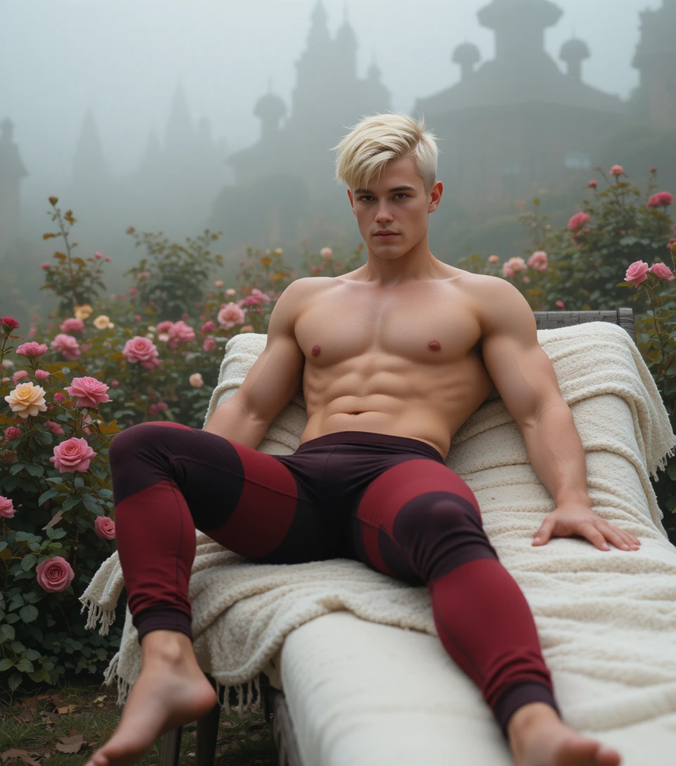 Blonde young man sunbathing on a lounger in foggy garden