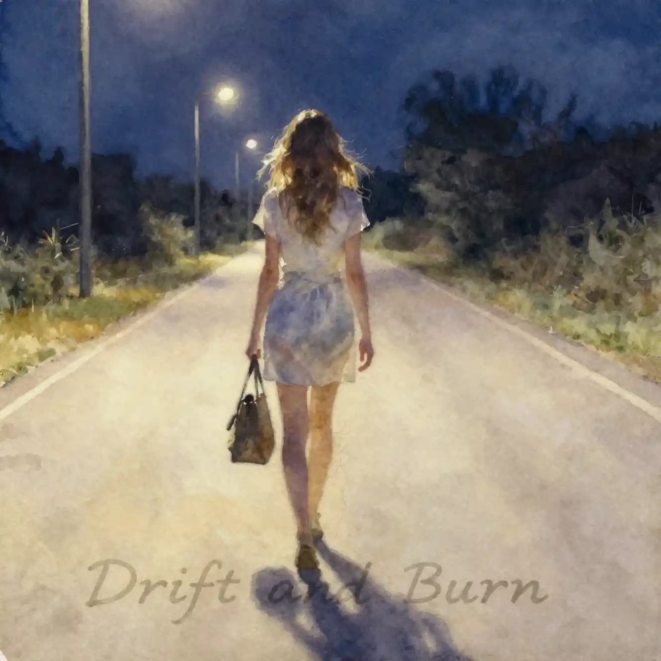 Young woman walking down a dark watercolor road