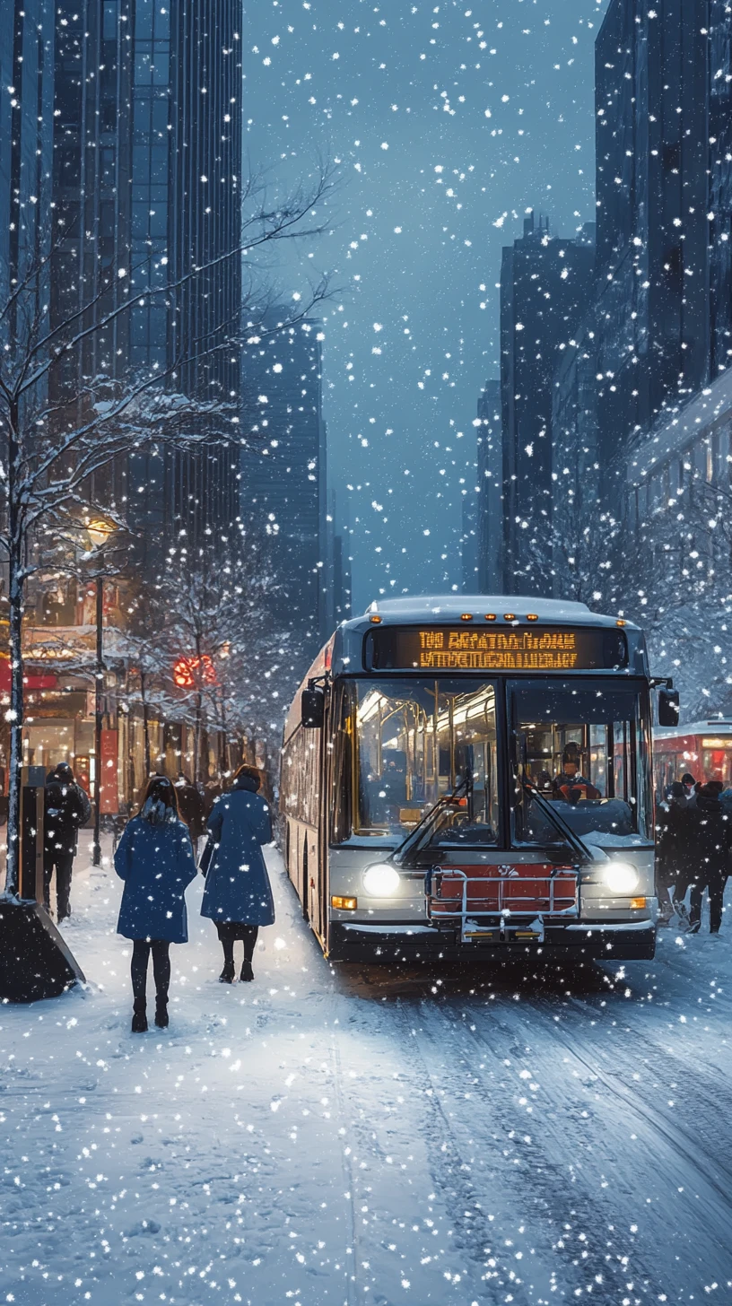 Escena invernal en una parada de autobús urbana con cinco pasajeros esperando