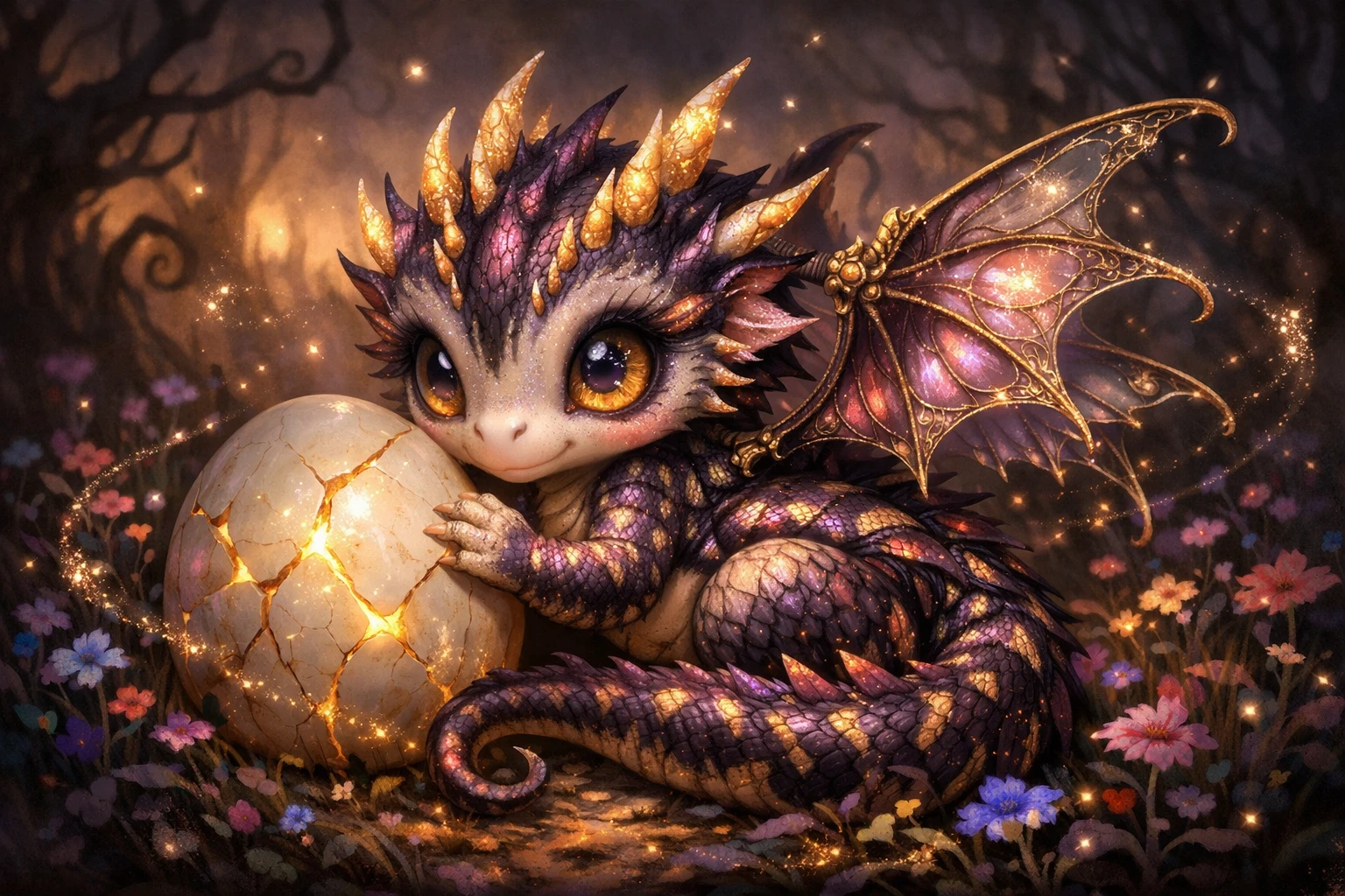 Adorable Dragón Bebé Custodiando un Huevo de Porcelana Brillante
