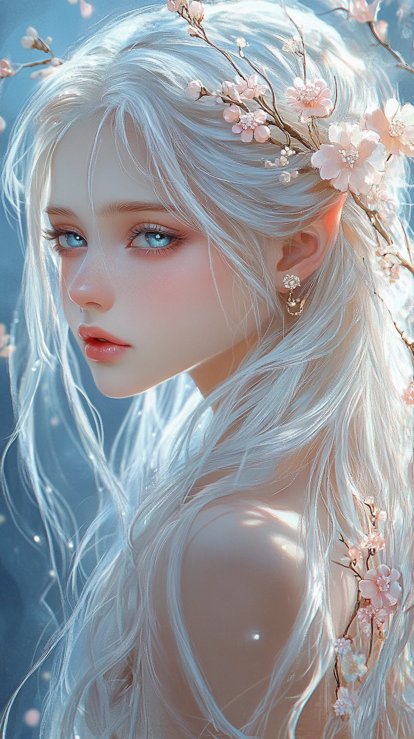 Ragazza fantasy dai capelli argento con fiori e bagliore soffuso
