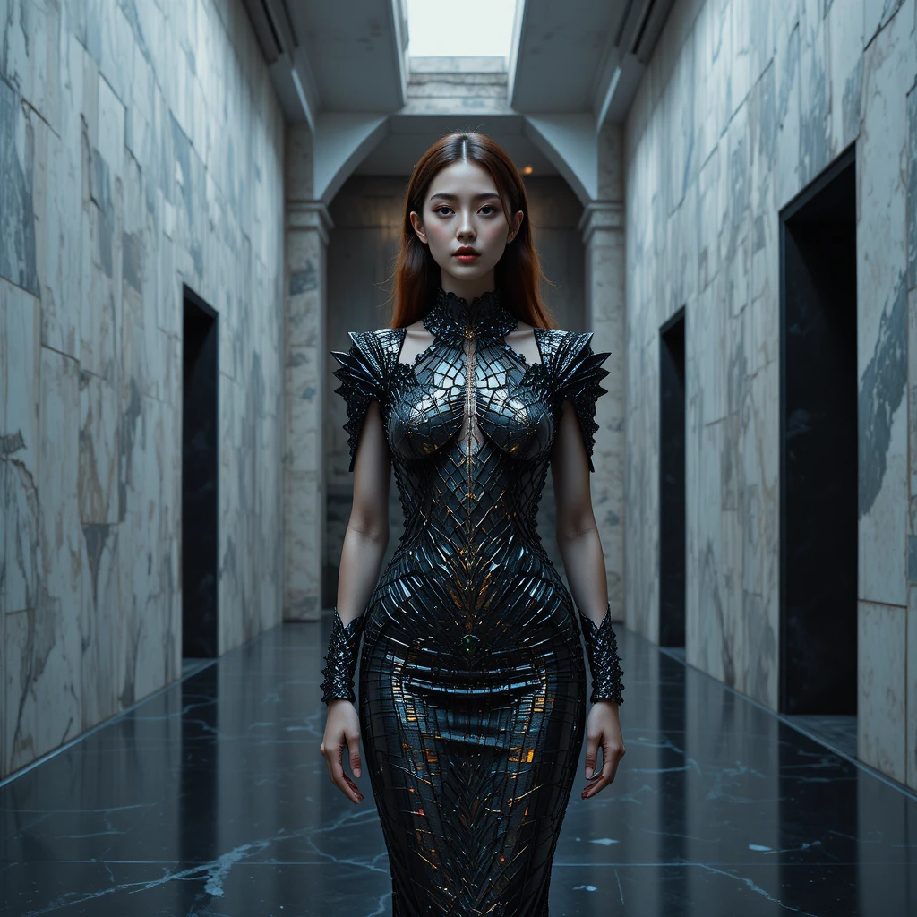 Korean tectonic shaper in a metamorphic carbon couture gown