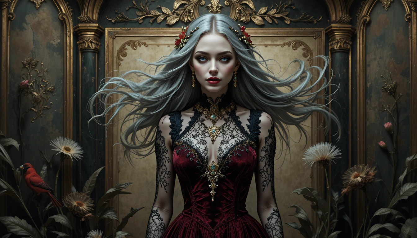 Vampira gotica con lunghi capelli grigi svolazzanti nella notte