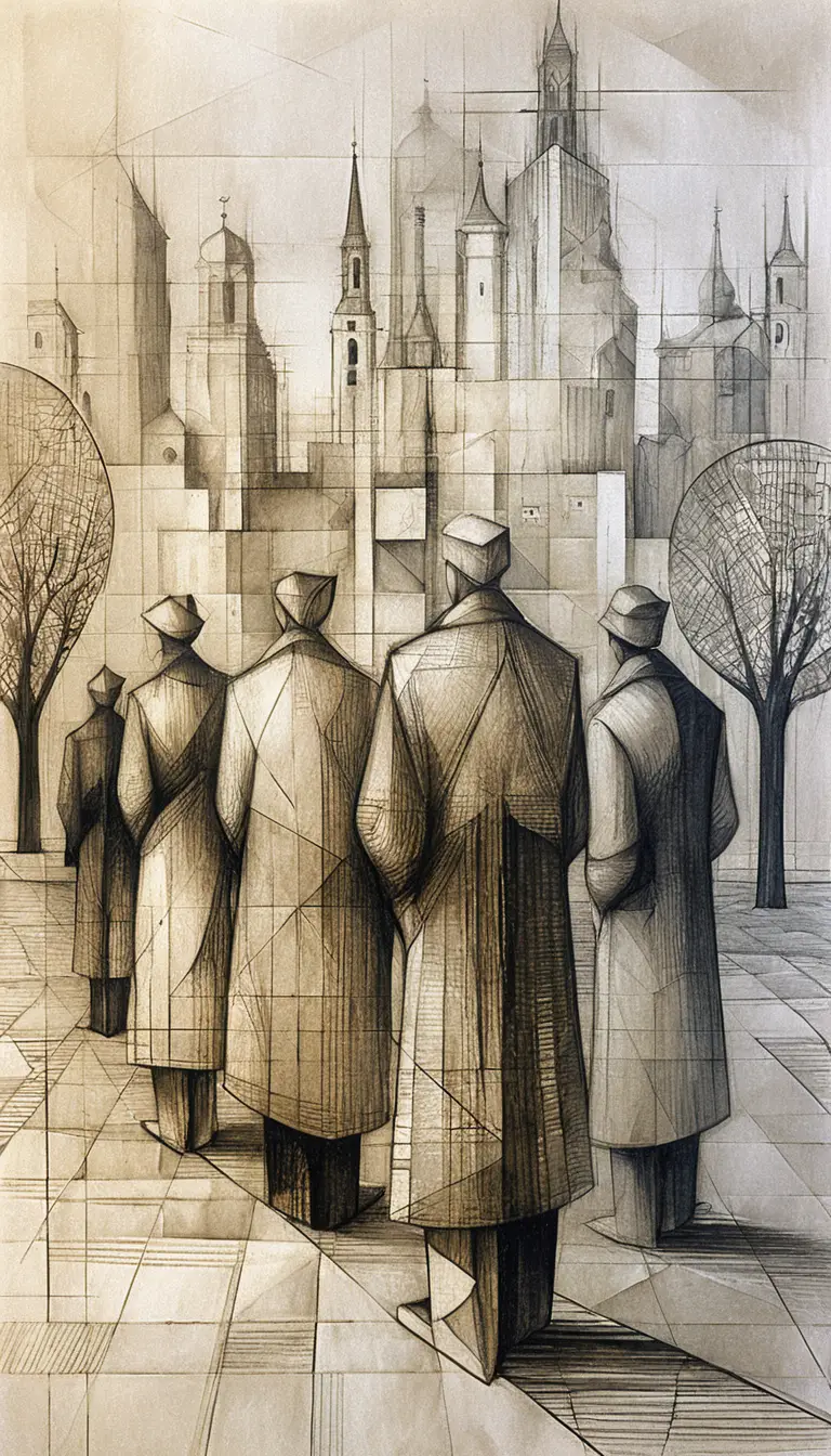 Cubist graphite crowd facing a fragmented urban skyline