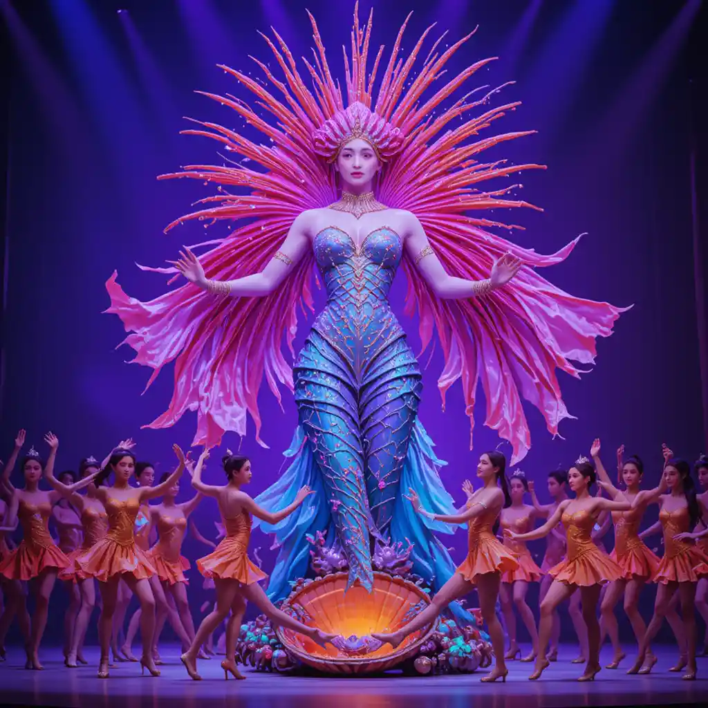 Colorful dancers performing beside a giant mermaid float
