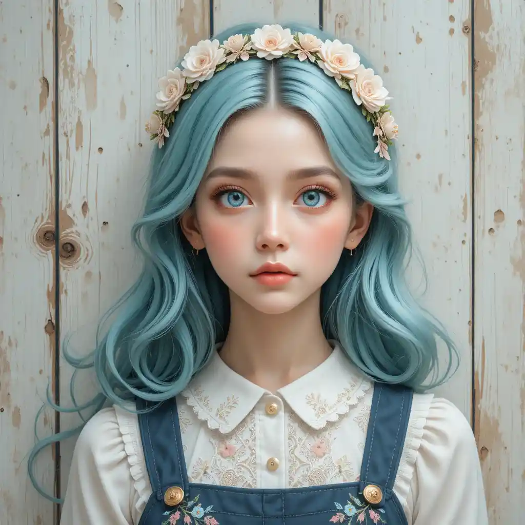 Mint haired anime girl in vintage floral dress portrait