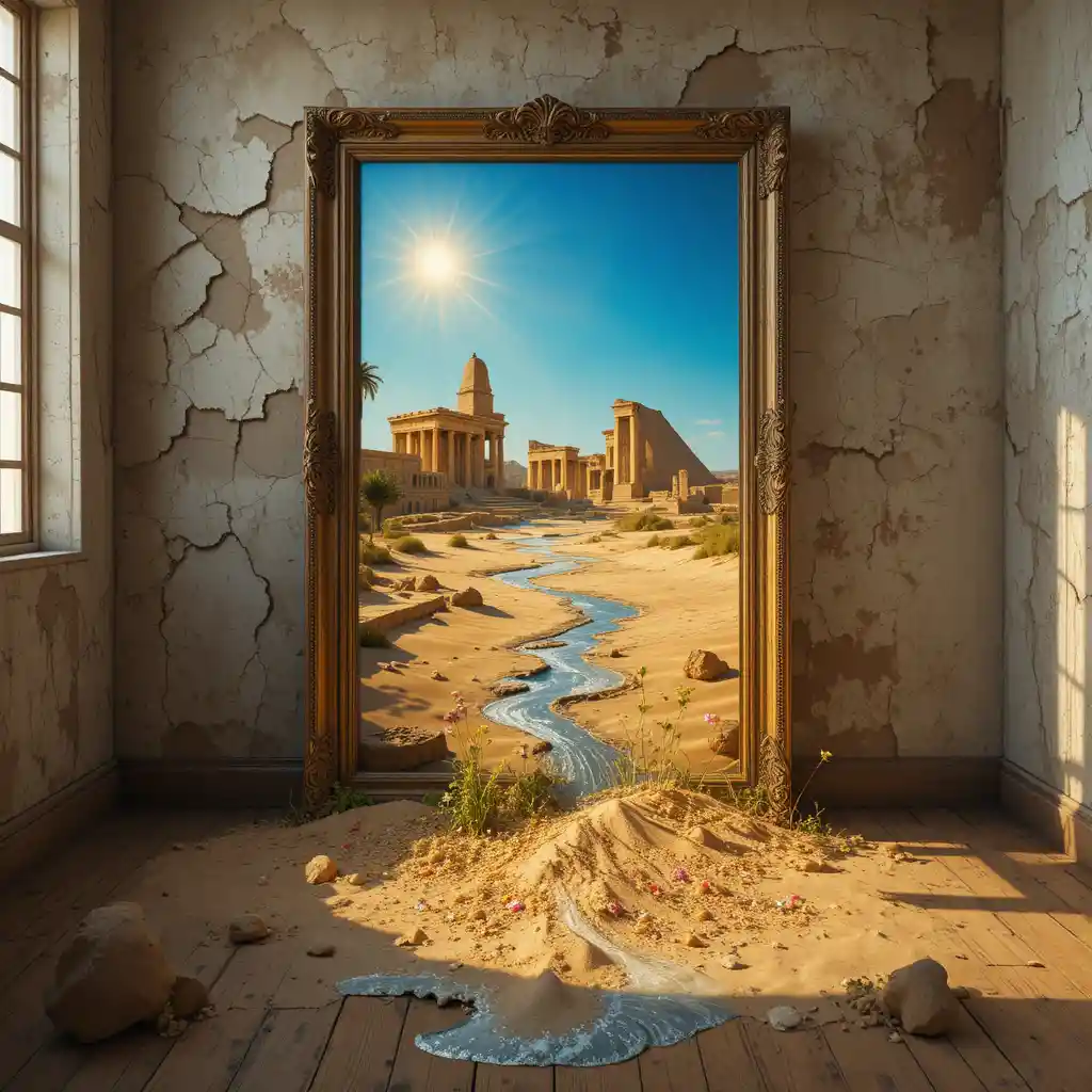 Ancient Egyptian ruins glowing inside a framed desert portal