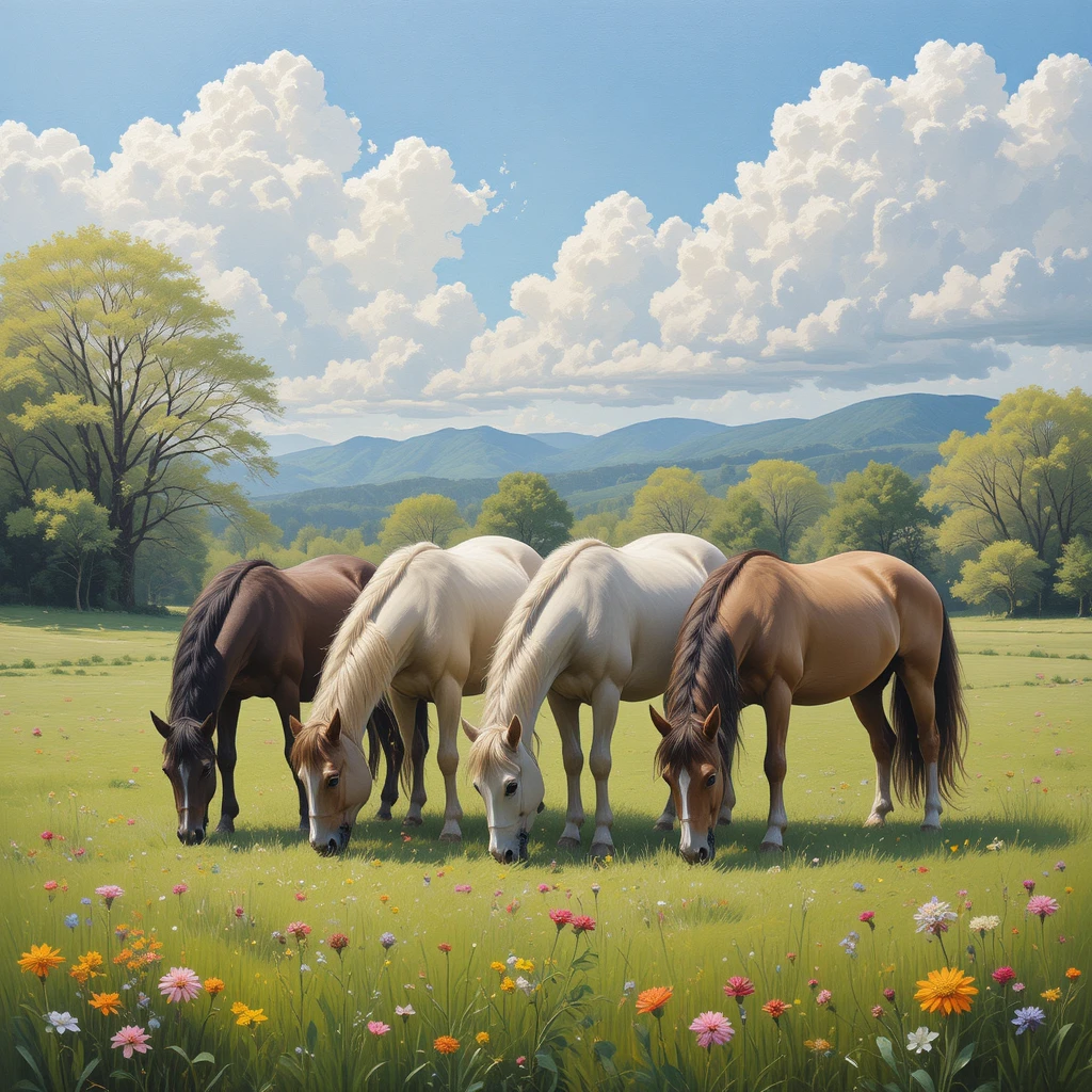 Caballos pastando en el fresco césped primaveral en un prado soleado