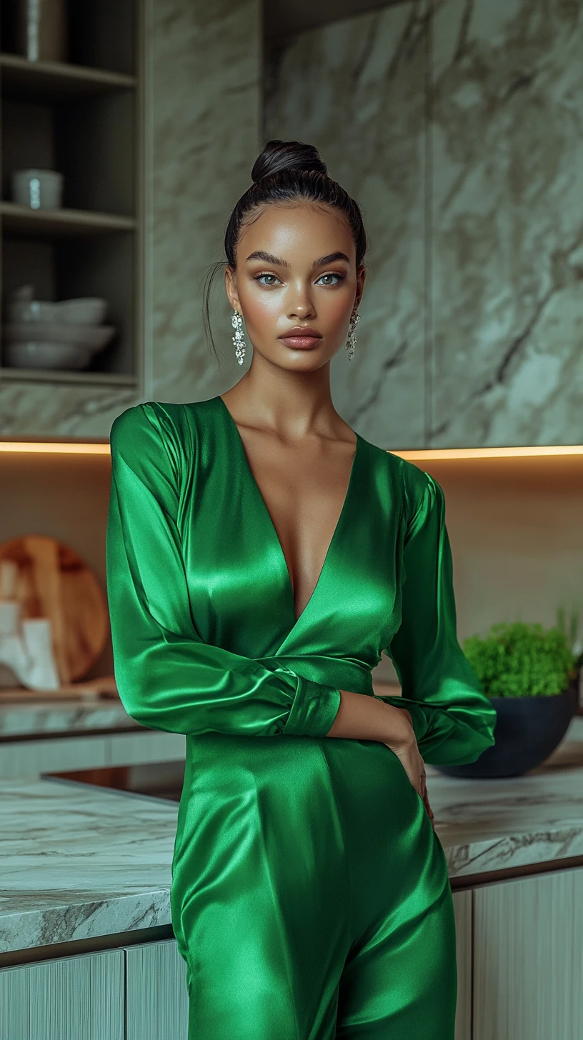 Elegant black woman in green dress in modern kitchen