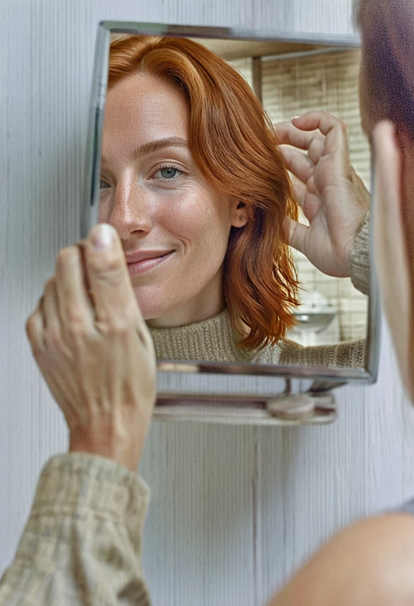 Donna dai capelli rossi che tiene uno specchio con il riflesso del suo viso
