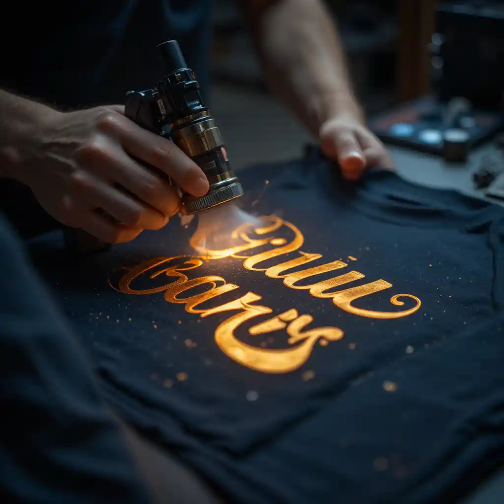 Primo piano della stampa a caldo su t‑shirt blu navy