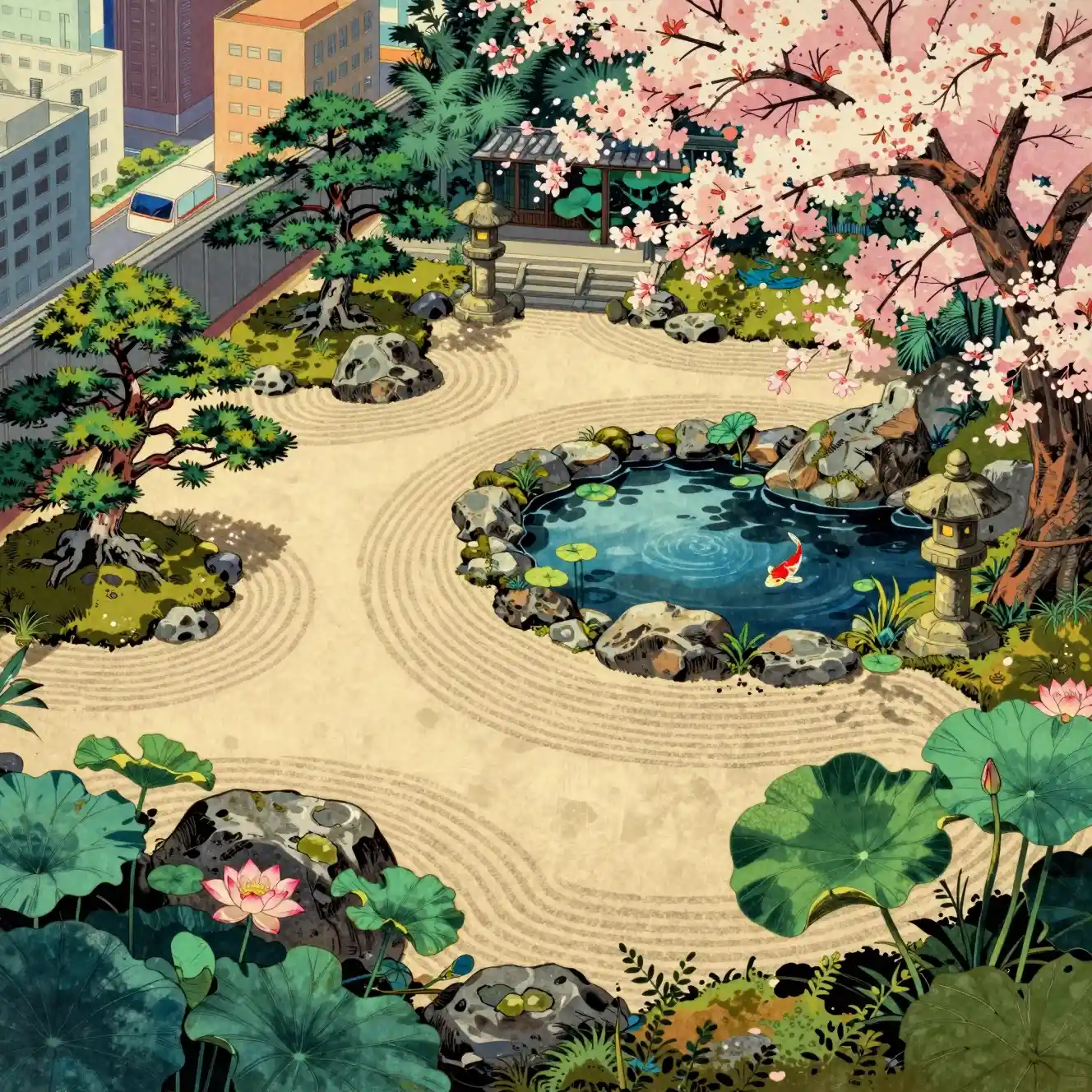 Overhead Anime View Of Serene Japanese Garden With Koi