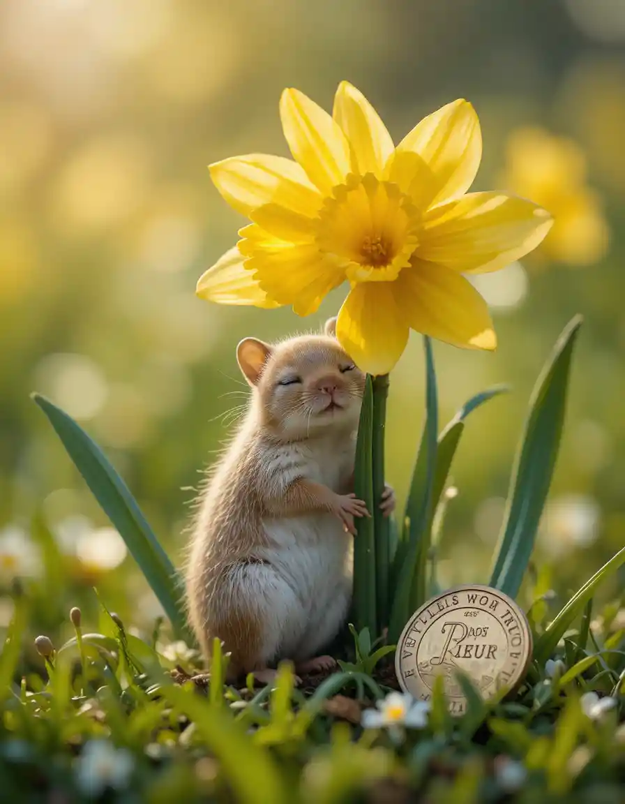 Tiny mouse sleeping by a yellow daffodil in spring grass