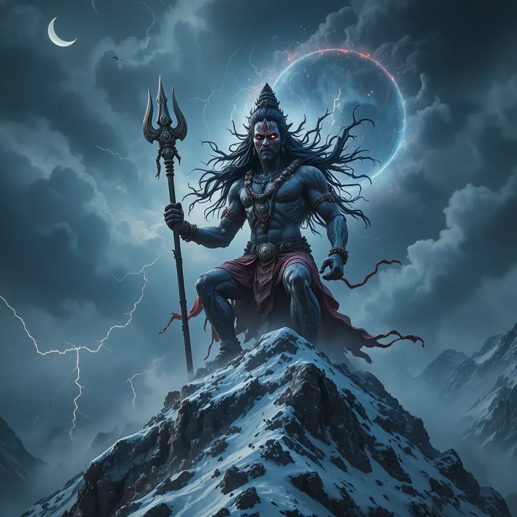 Fierce deity on a snowy Himalayan mountain summit