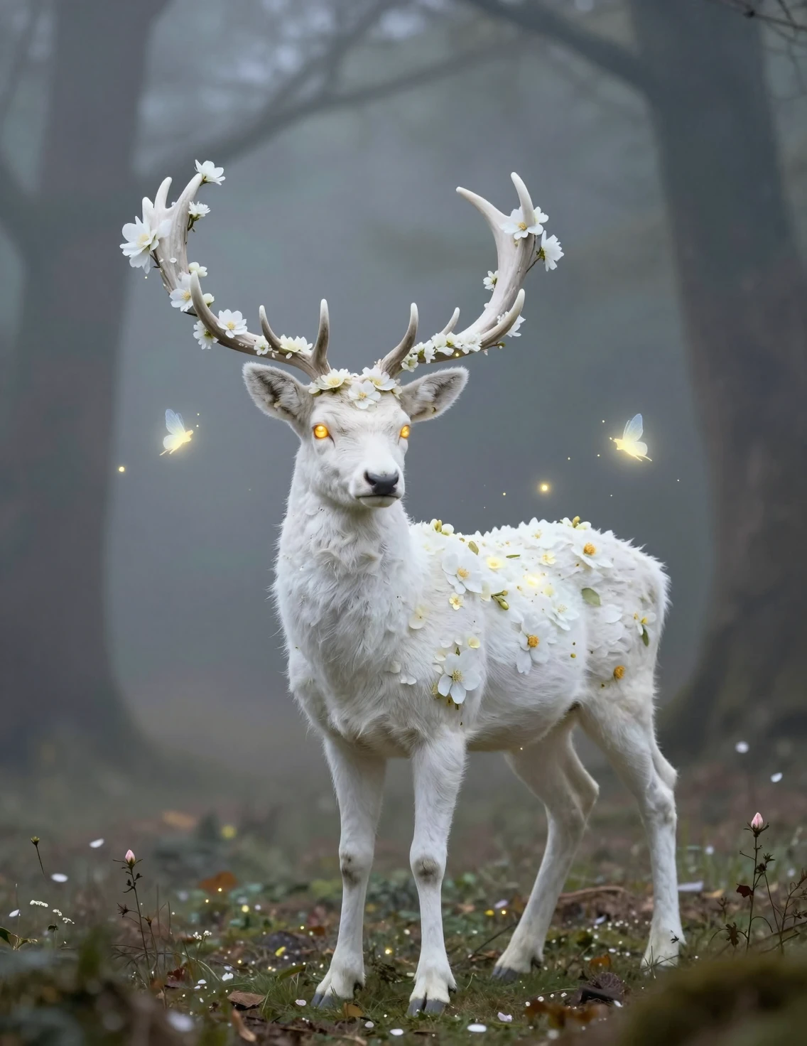 Cervo branco com galhadas florais em uma clareira de floresta enevoada