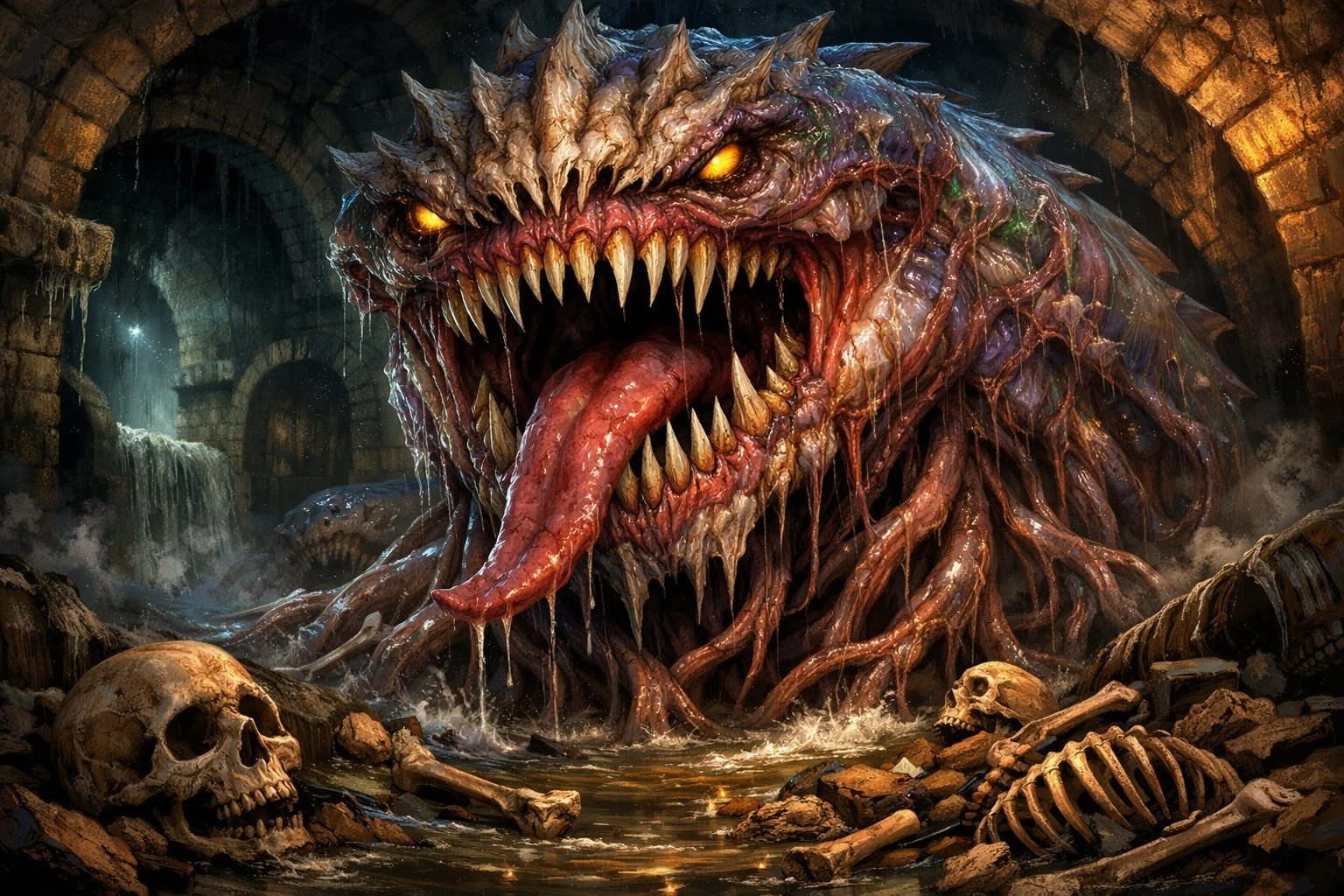 Monstruo grotesco de alcantarilla con dientes afilados y tentáculos
