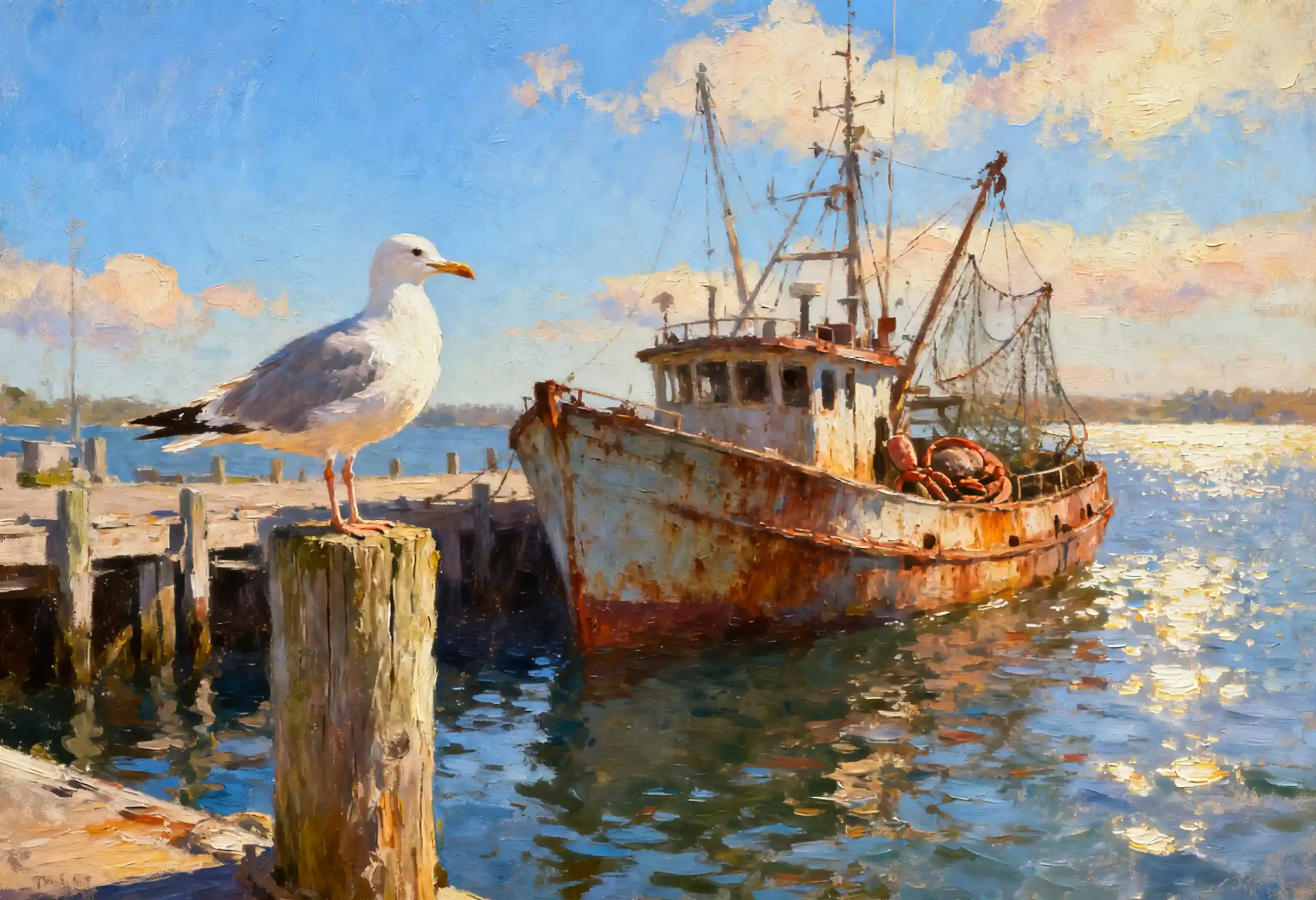 Seagull on wooden post before old fishing boat in harbor