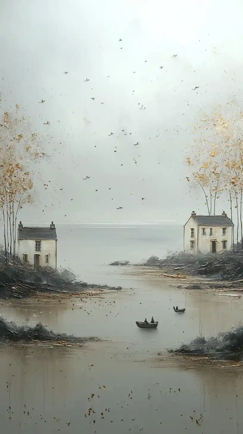 Surreal Chalk Seaside With Cottages And Drifting Boats