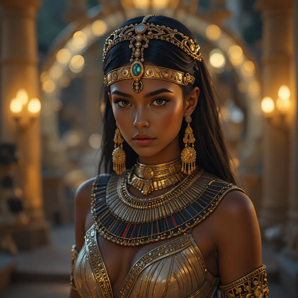 Reina del antiguo Egipto con joyas doradas de noche junto a la esfinge