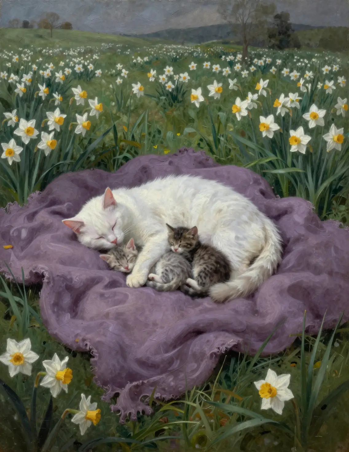 White cat and kittens sleeping on a lilac blanket