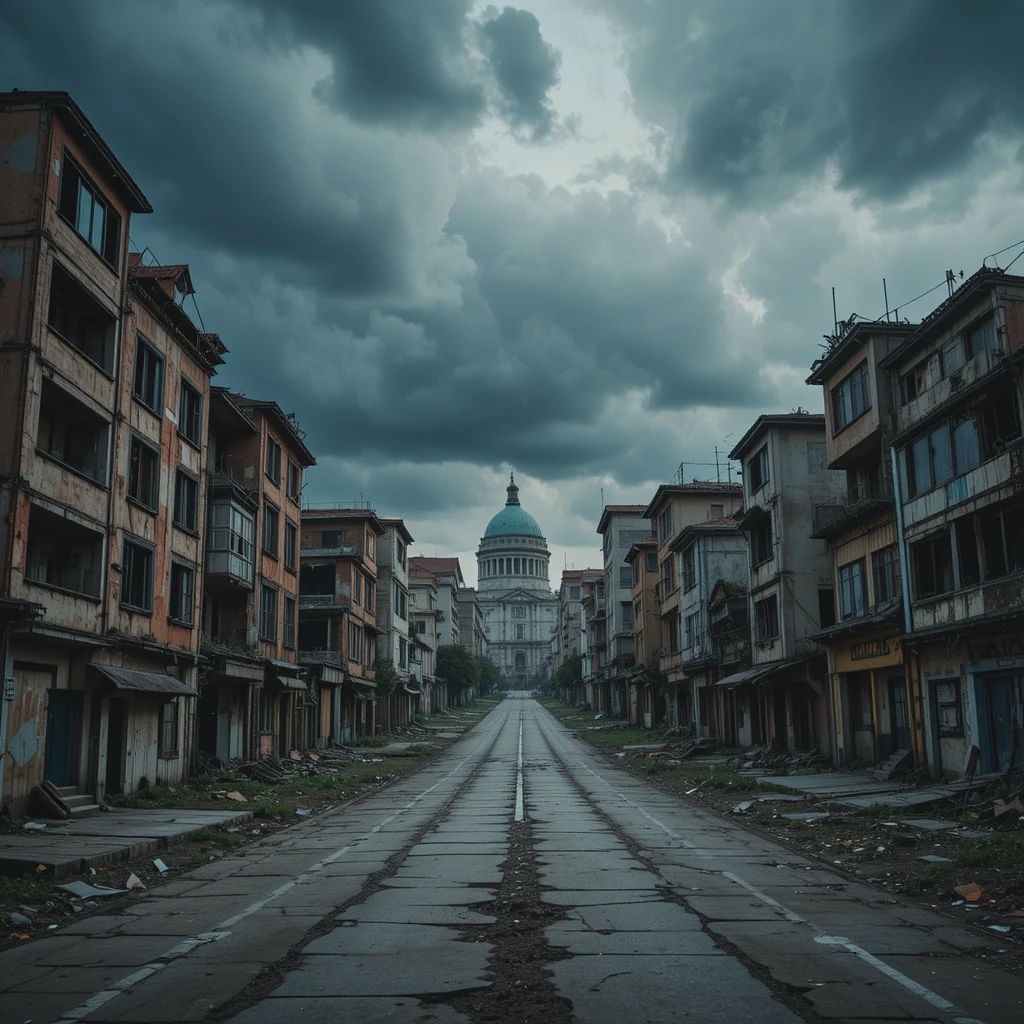 Abandoned City Ruins Under Dark Clouds With Broken Streets