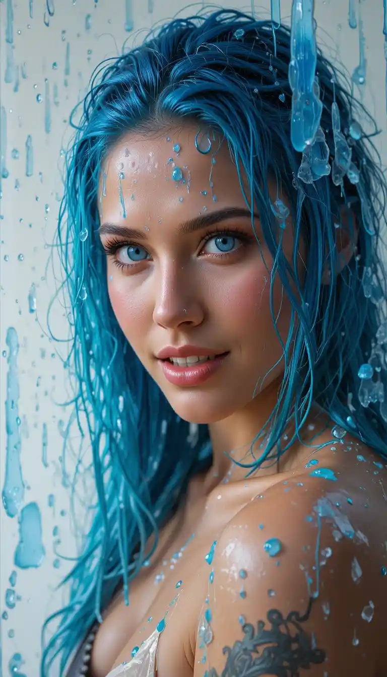 Playful woman with wet blue hair and shining face