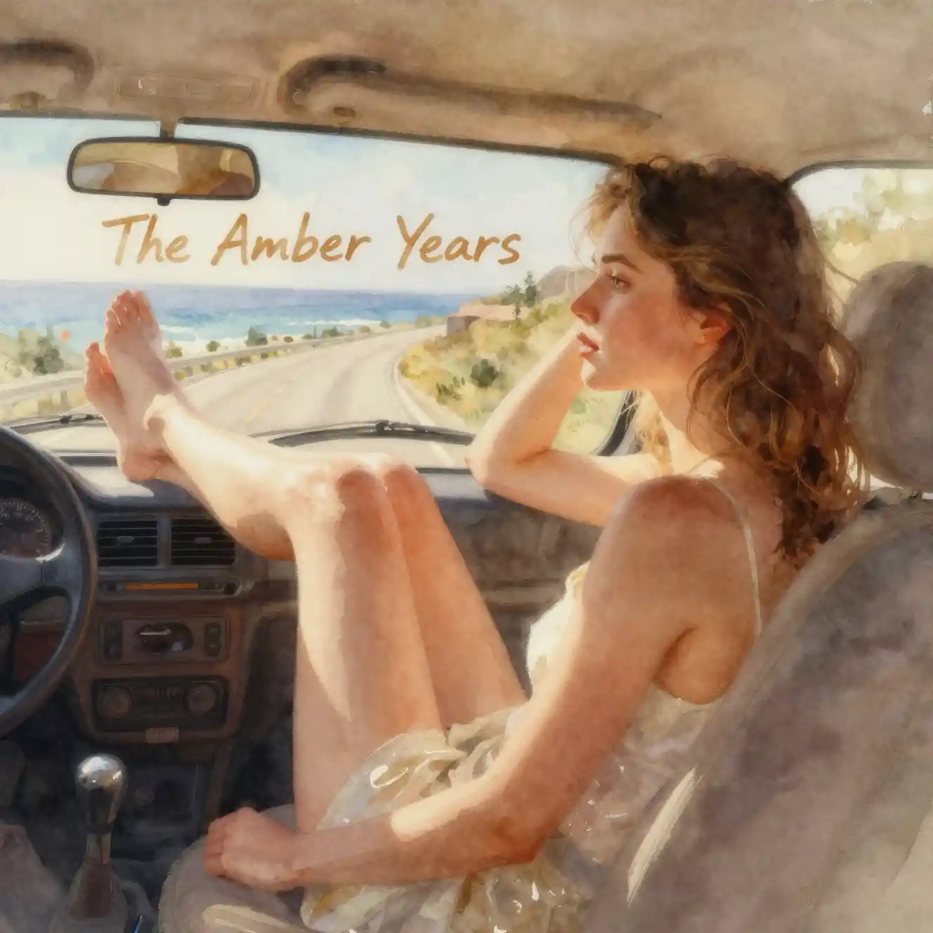 Young woman in a car window seat in warm watercolor tones