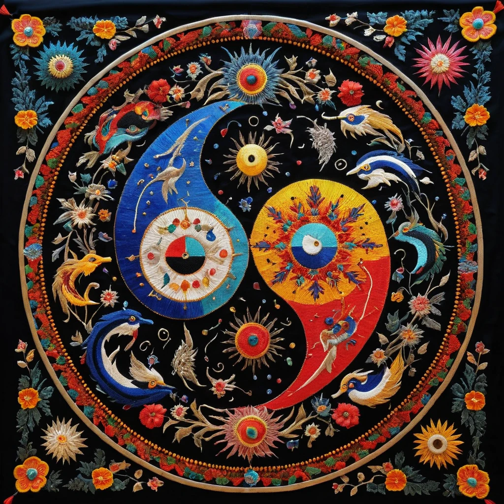 Tapiz yin yang colorido con intricado bordado de cuentas asiáticas