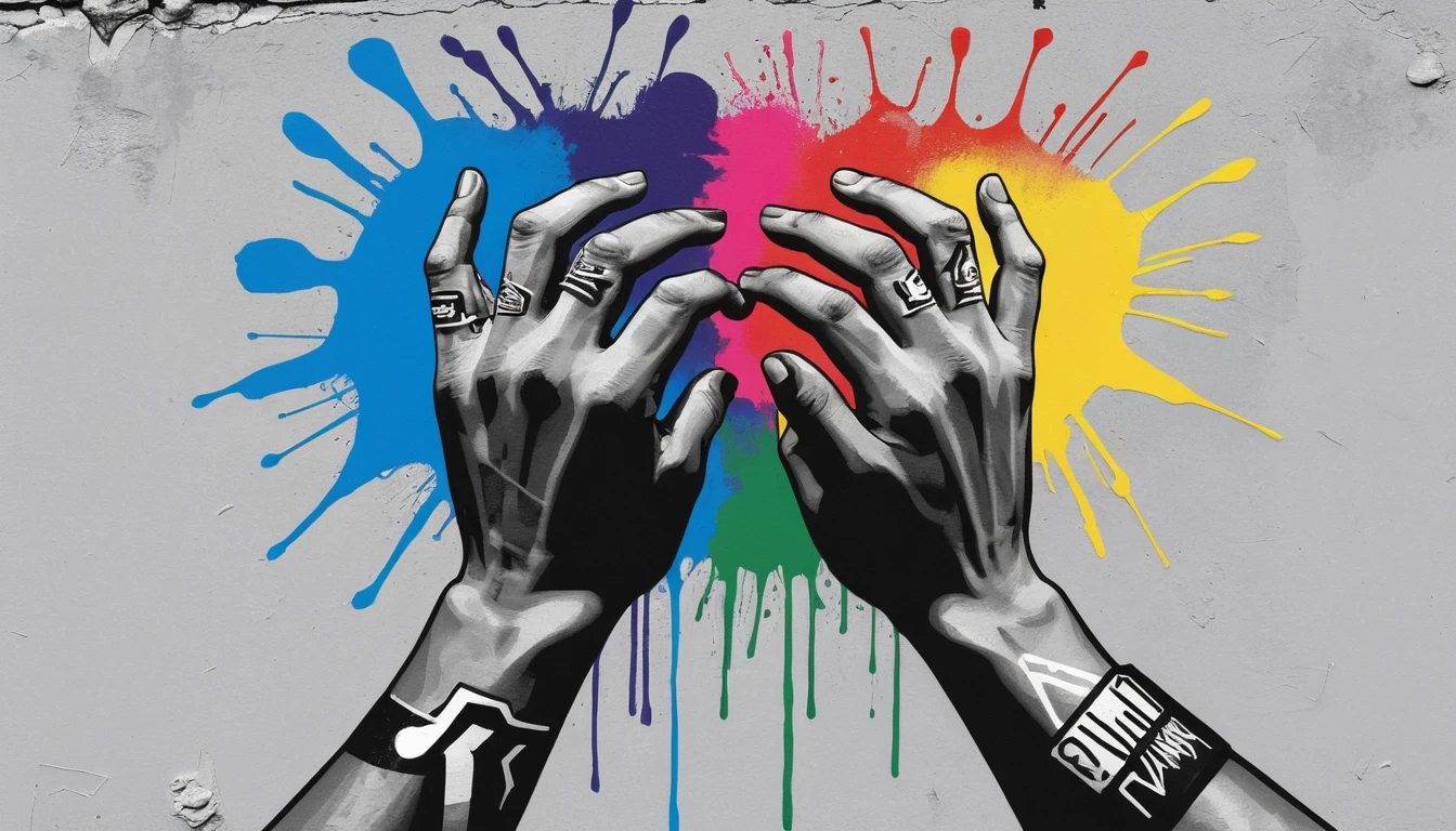 Graffiti covered hands holding each other in close up