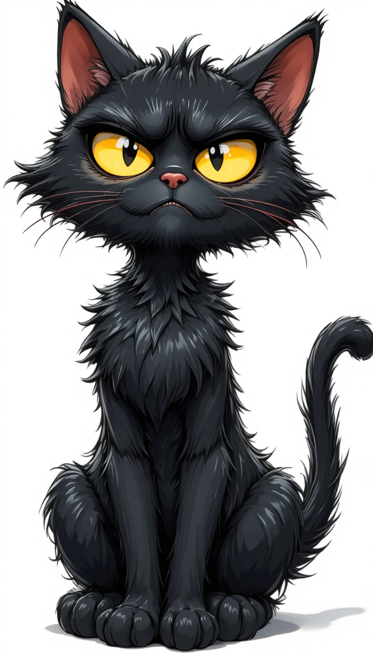 Wet cartoon black cat with annoyed yellow eyes