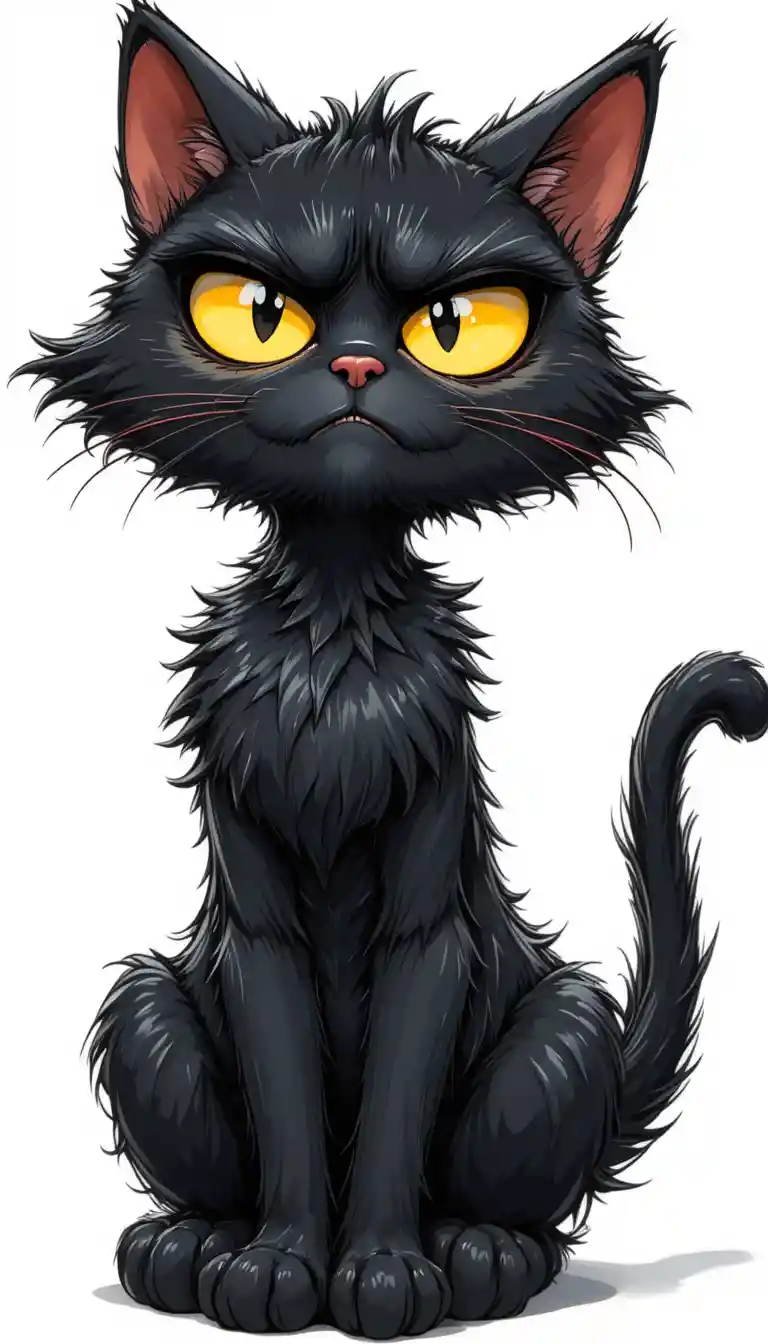 Wet cartoon black cat with annoyed yellow eyes