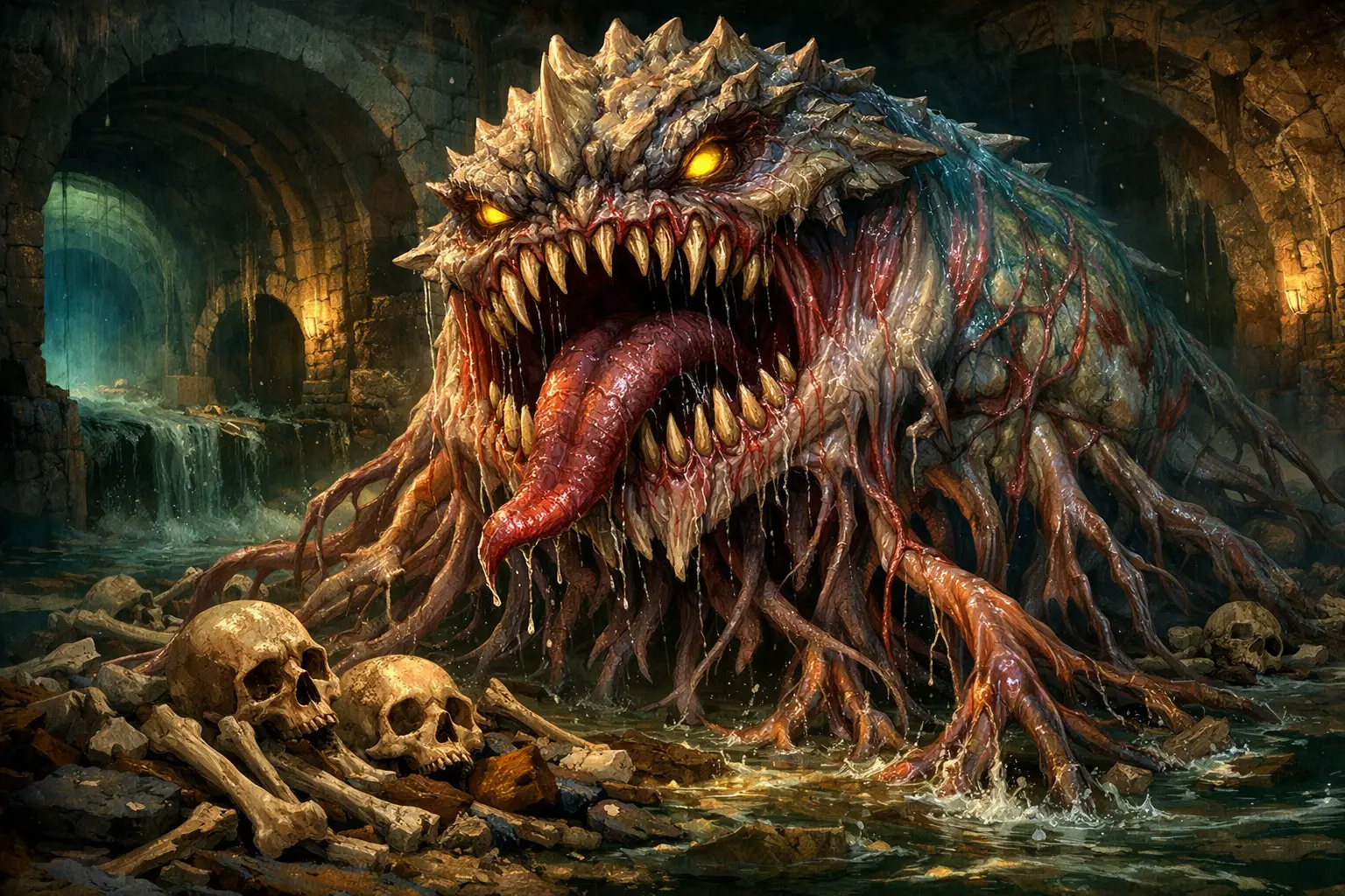 Monstruo colosal de alcantarilla con fauces tentaculares y calaveras