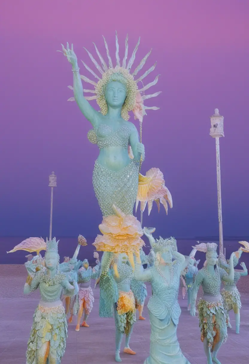 Colorful dancers performing beside a giant mermaid float