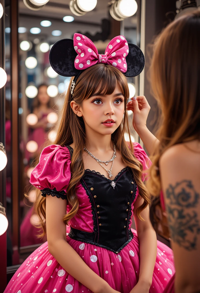 Junger Junge im rosa Minnie-Kleid vor dem Schminkspiegel