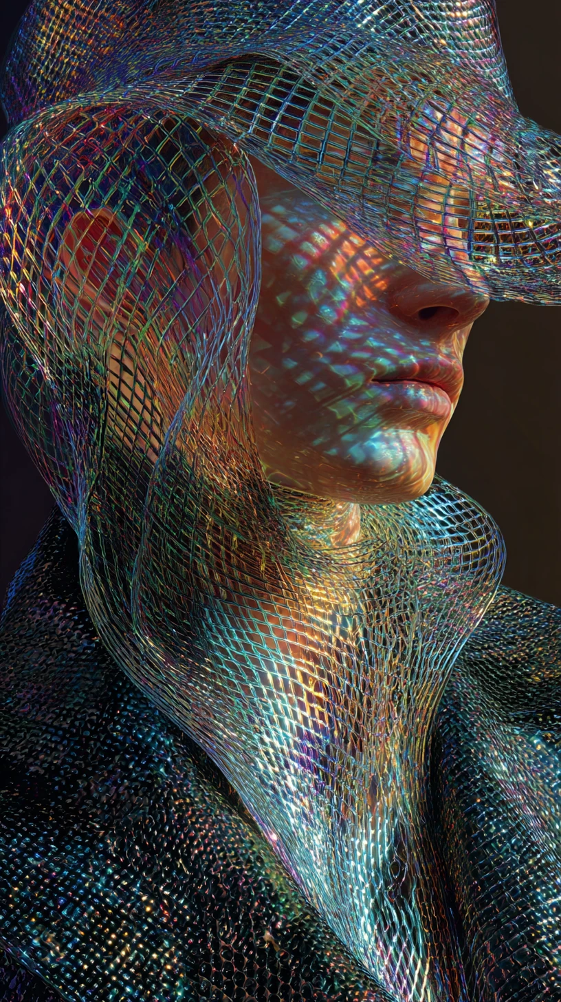 Iridescent mobius form in surreal mesh lined space