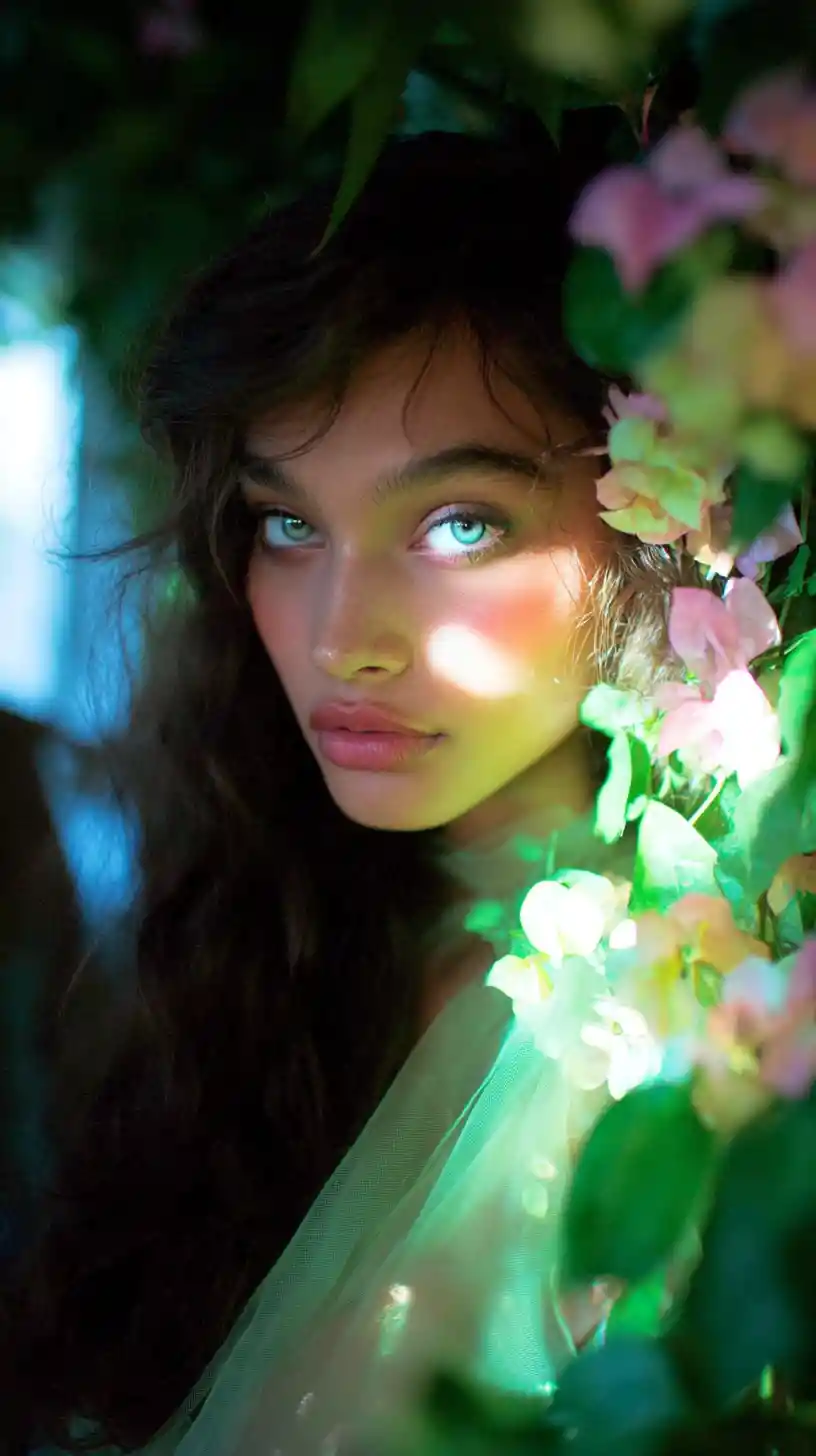 Surreal woman portrait with heterochromia and african violets