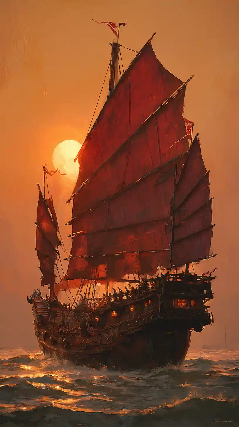 Colossali navi da guerra fantasy in battaglia su mari in tempesta al tramonto