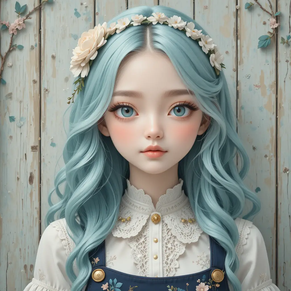Mint haired anime girl in vintage floral outfit