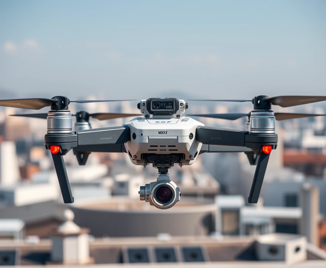 Dron de vigilancia futurista sobre la azotea de una ciudad moderna