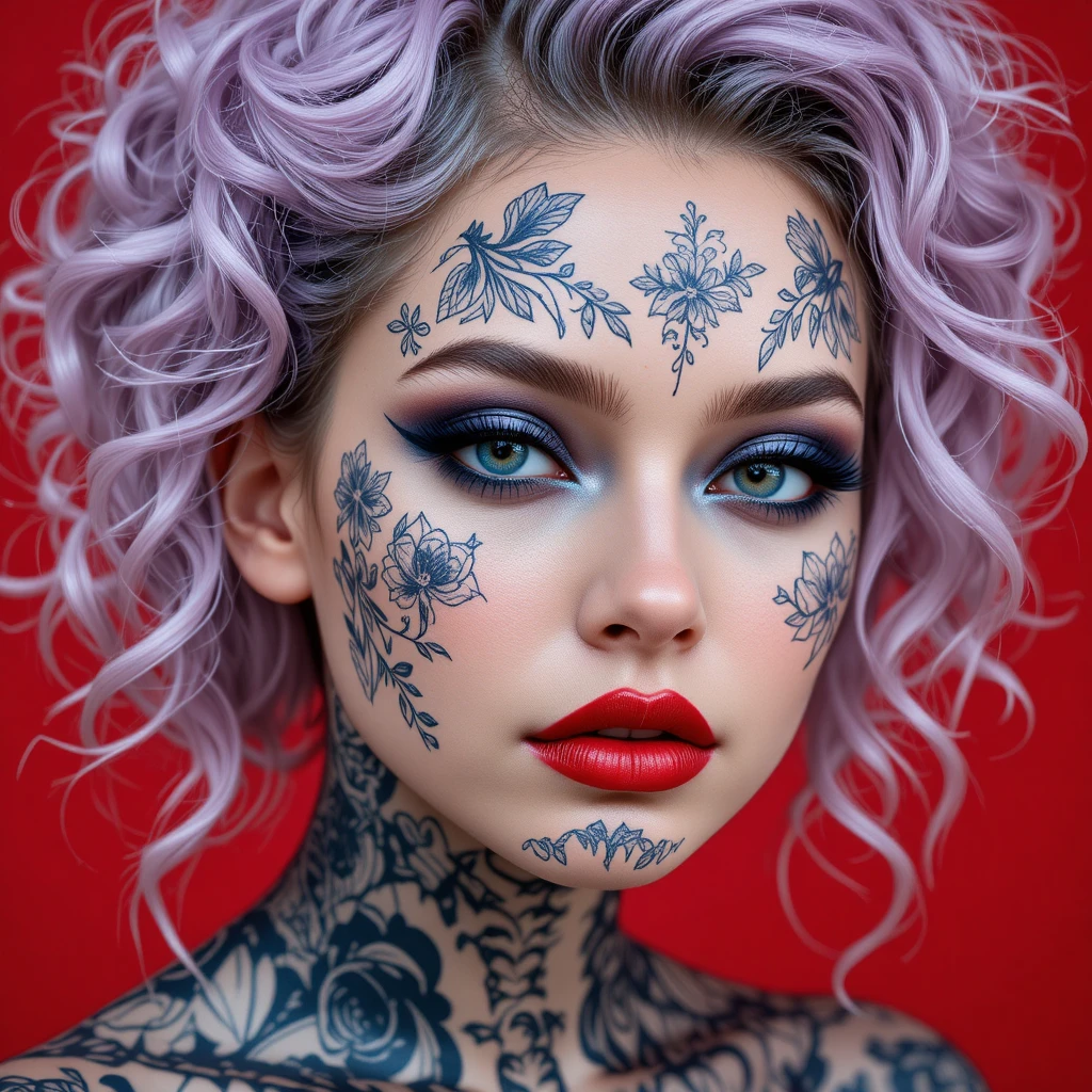 Donna tatuata con capelli pastello su sfondo rosso intenso