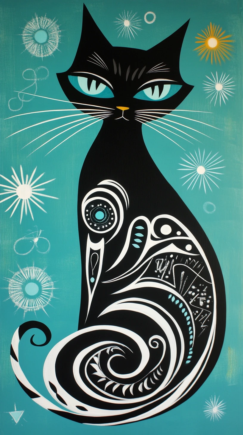 Stylized black cat with spirals on aquamarine background