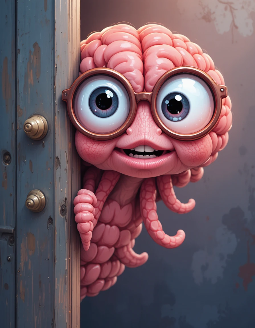 Cute Brain Creature Peeking Curiously From Behind A Door