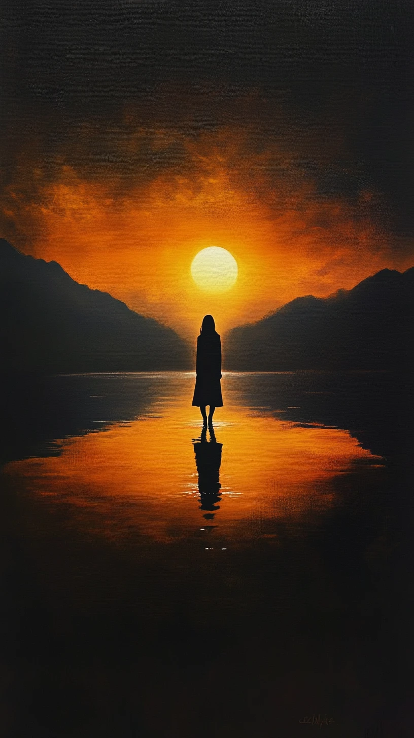 Silhouettierte Frau, die bei Sonnenuntergang aus dunklem Wasser aufsteigt